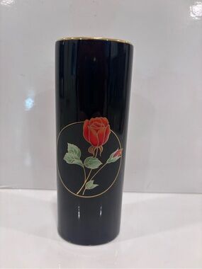 Vintage Otagiri Japan Crimson Rose Black Ceramic Bud Vase Gold Trim 6.25”